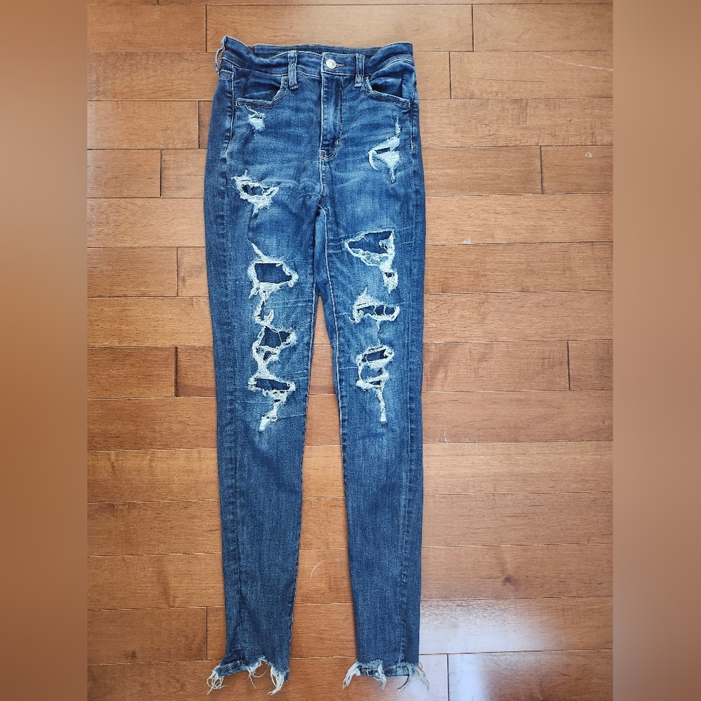 American Eagle Outfitters Blue Skinny Jeans with Distressed Details